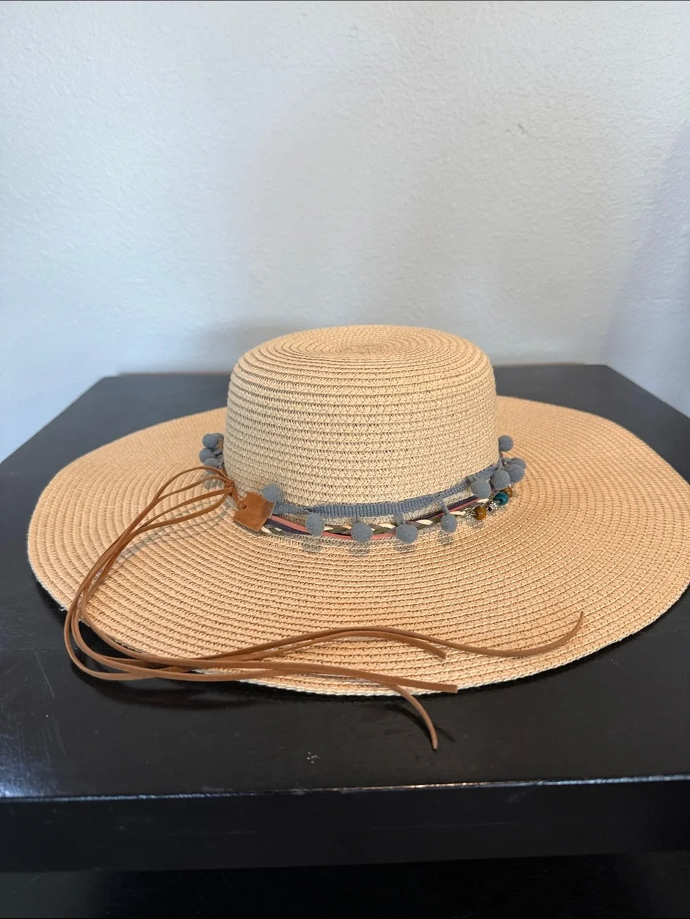Straw Wide-Brim Sun Hat with Grey Pom Trim